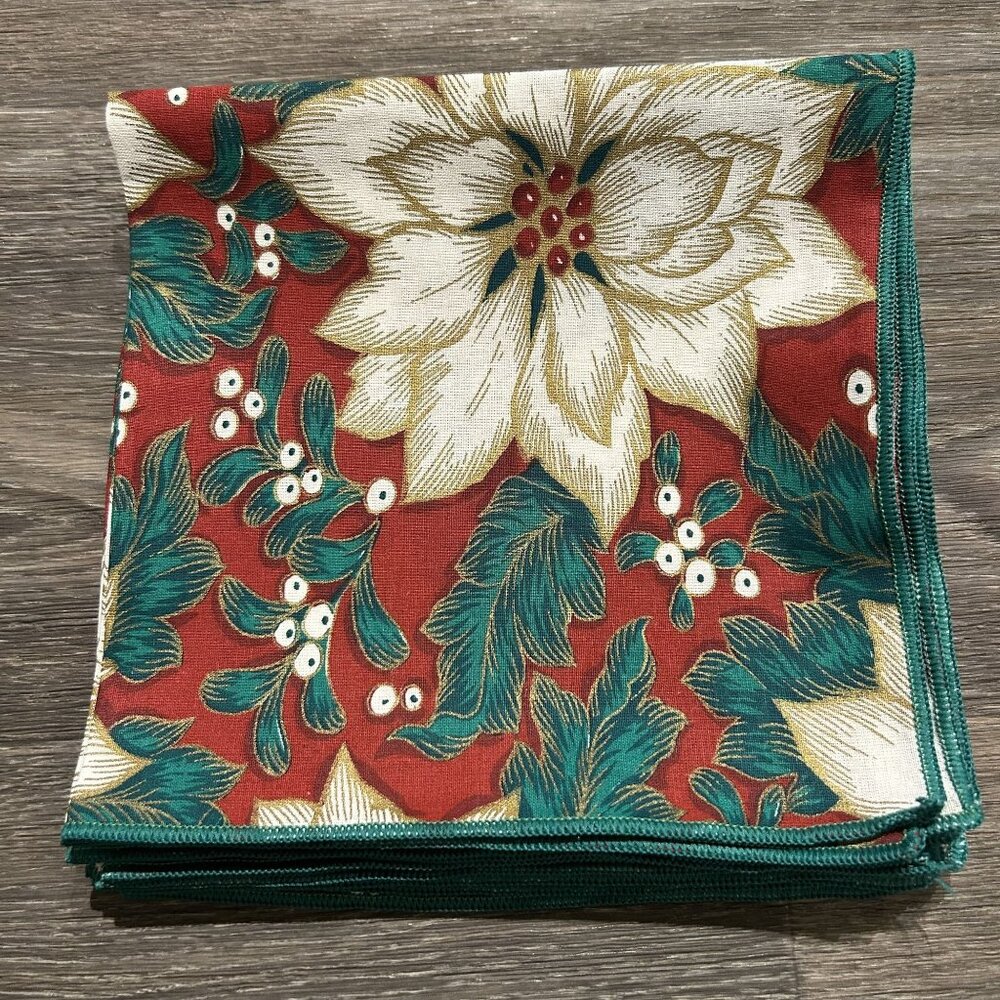 Set of 8 Christmas Poinsettia Cloth Napkins Linens Red Green Holiday Table Decor - Picture 2 of 6